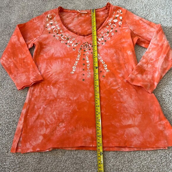 Coral Tie-Dye Y2K Studded Ruffle V-Neck Top - Picture 6 of 7